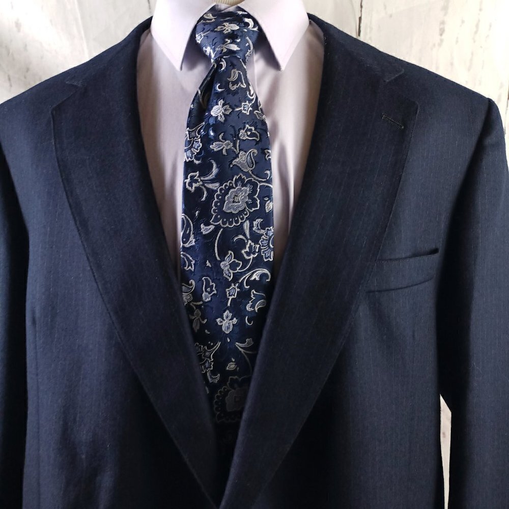 Michael J Daniel 48L Wool 2 Button Deep Blue Striped Suit Blazer Jacket